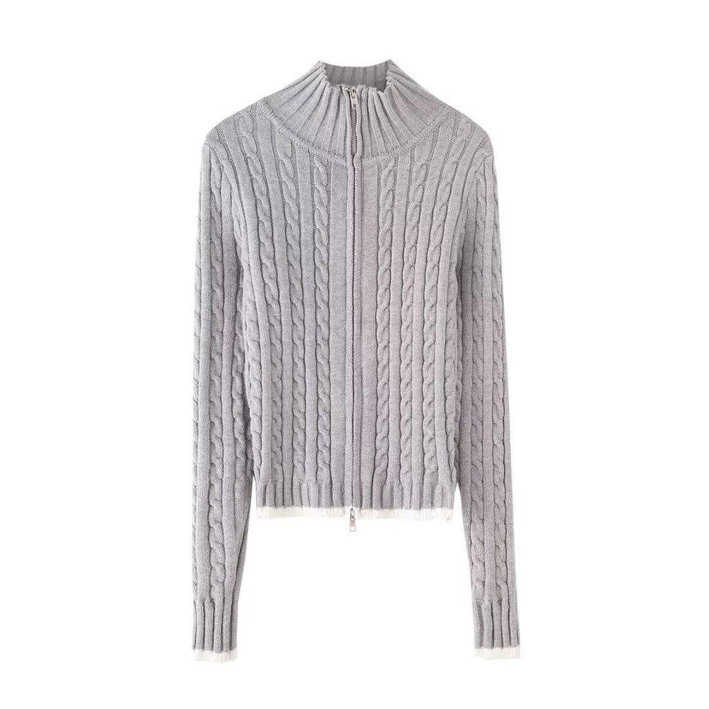 2024 Autumn/Winter European Light Fluffy Knit Stand Collar Zip-Up Cardigan Sweater