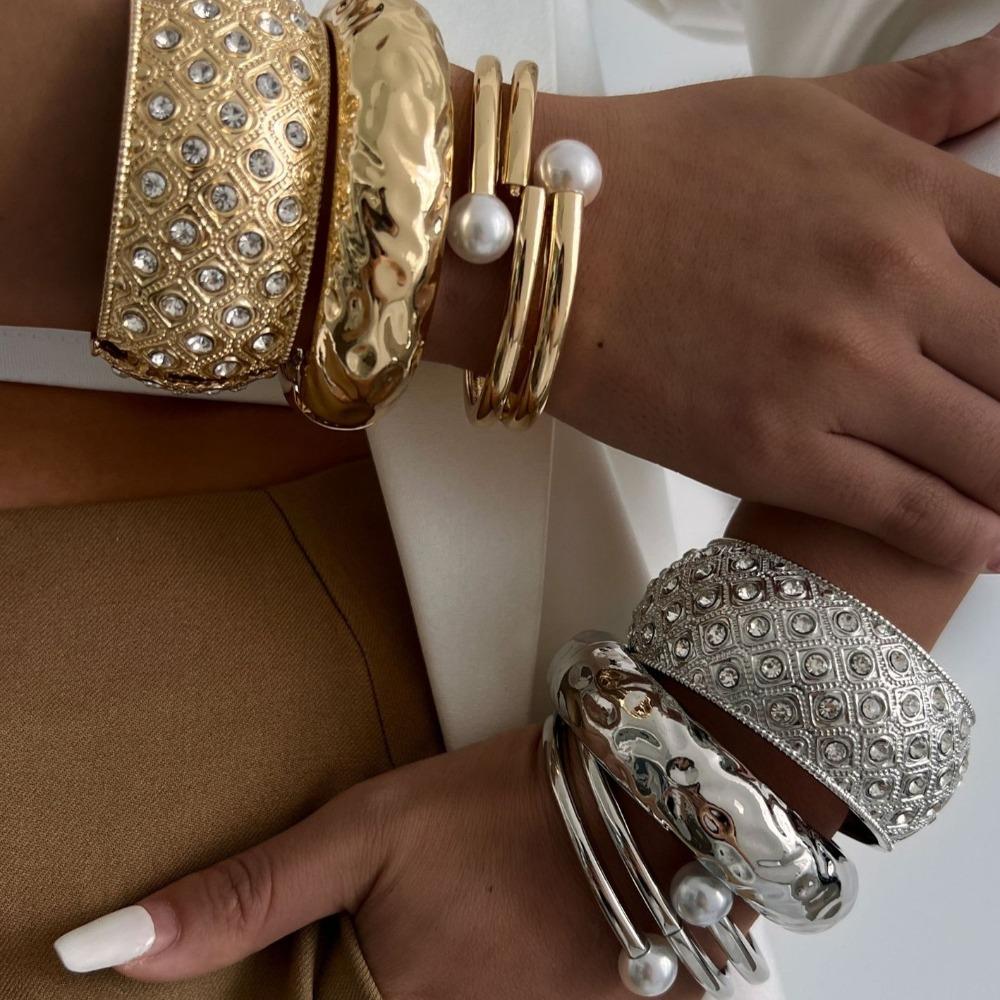 Wide Exaggerated Bangle Metal Rhinestone Inlay Bangle Metal Geometric Bracelets  Women Girls