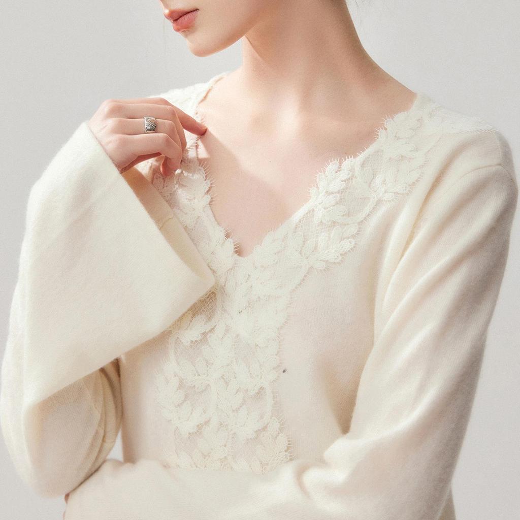 Women's V-Neck Bell Sleeve Cashmere Cardigan - Handmade Crochet Lace, Single-Breasted, Warm Autumn/Winter Layer