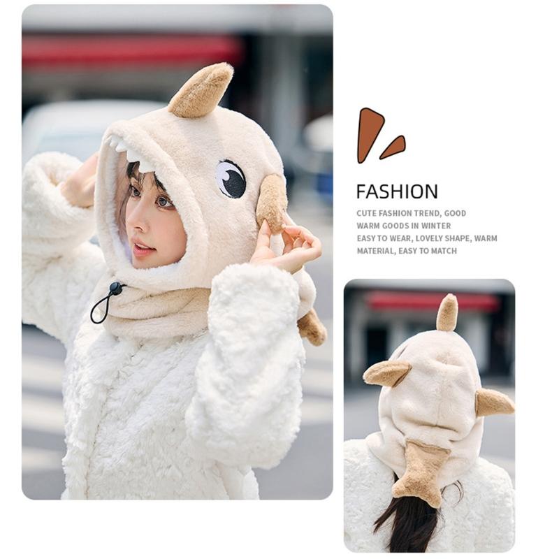 Lovely Plush Shark Ski Helmets Cover Thicken Warm Winter Hooded Head Protective Mask Hat for Men and Women Outdoor Sport