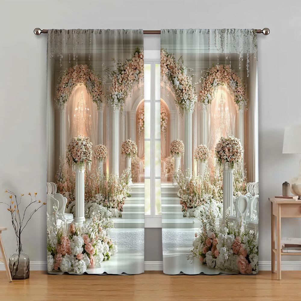 

2 шт., Праздничная занавеска Элегантная белая цветочная арка Полиэстер, Без электричества Вечеринка по случаю дня рождения для эстетического декора комнаты 41x90in(105x230cm)
