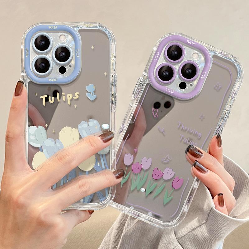 Oil Painting Tulips Suitable for 16promax IPhone Case Iphone14/13 Transparent 12 Mirror Xs/15