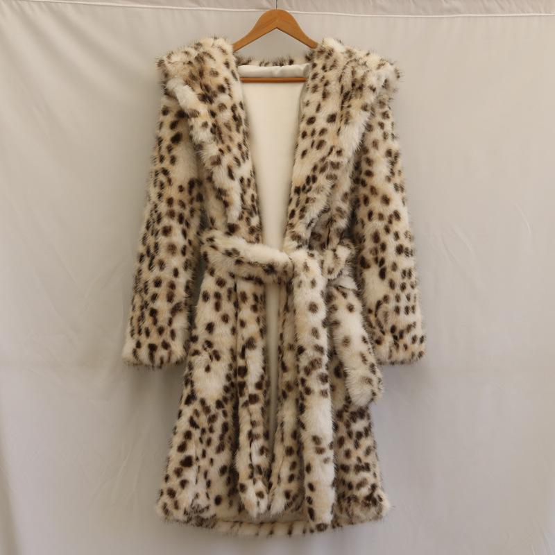 Damen-Imitatpelzjacke mit Leopardenmuster, langer Mantel aus Tokawolle mit Kapuze, warmer Winter-Nerz-Trenchcoat