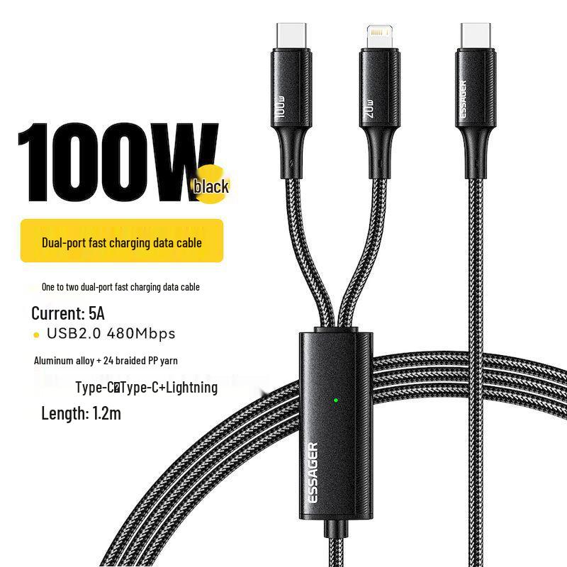 

ESSAGER 100W Dual Type-C Braided Fast Charging Cable for Apple and Huawei чёрный