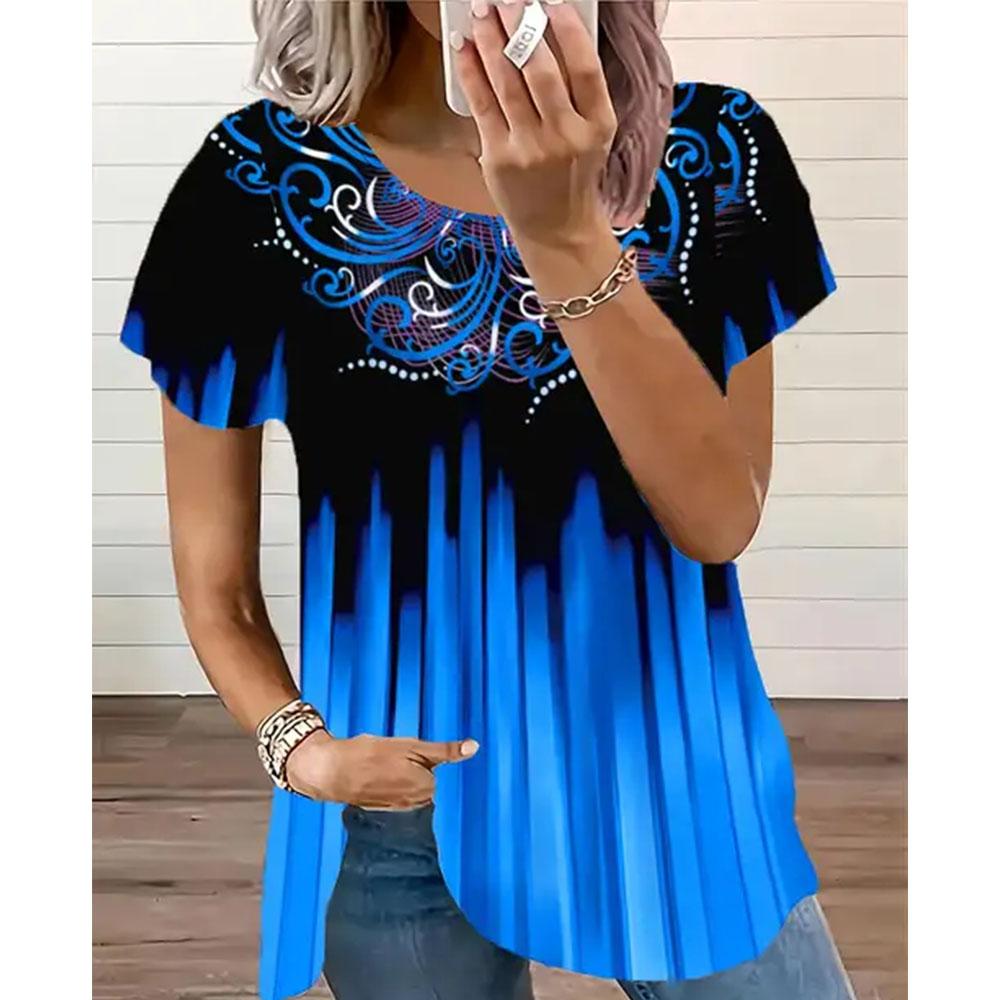 

Новая винтажная синяя футболка с этническим принтом 3D, женская модная футболка с круглым вырезом, коротким рукавом, оверсайз, повседневные топы, футболки, женская одежда Y2K S