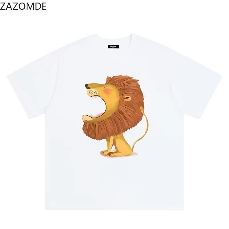 ZAZOMDE Cute Yawning Lion Cartoon Print TShirt Casual Soft Cotton Round Neck Short Sleeve Loose Oversized Summer Daily Wear Top