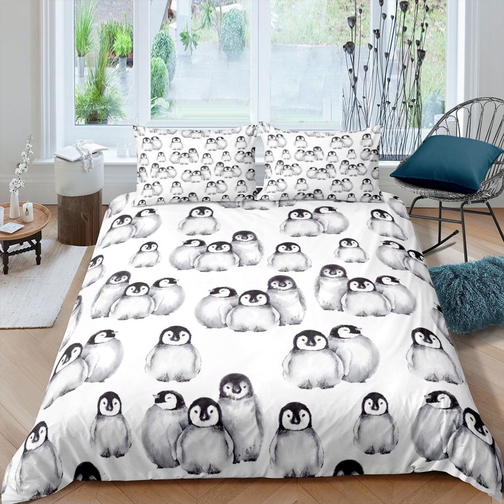 Penguin King Queen Duvet Cover Lovely Black White Antarctic Animals Bedding Set For Kids Wildlife 2/3pcs Polyester Quilt Cover
