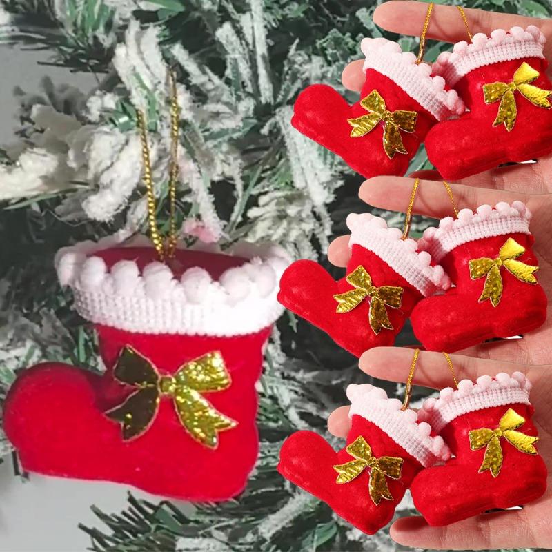 4-32pcs Creative Christmas Boot Hanging Pendant Gold Santa Claus Bow Stocking Party Xmas Tree Red Socks Drop Ornaments Supplies