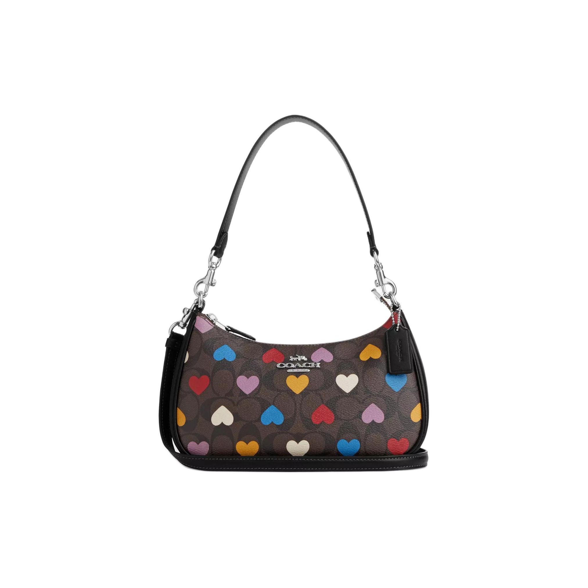 Coach Signature Canvas Teri Shoulder Bag With Heart Print For Women Daily Use Basic Set (Bag+Dust Bag)