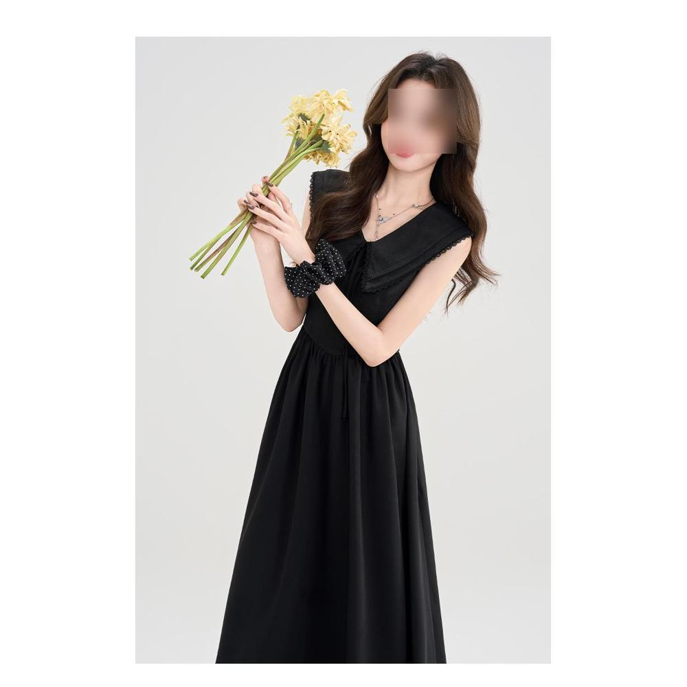 

Сливы созрели, летнее платье без рукавов с темно-синим воротником, подчеркивающее талию и стройность, простое черное длинное платье, новое платье XL- (recommended 110-60kg)