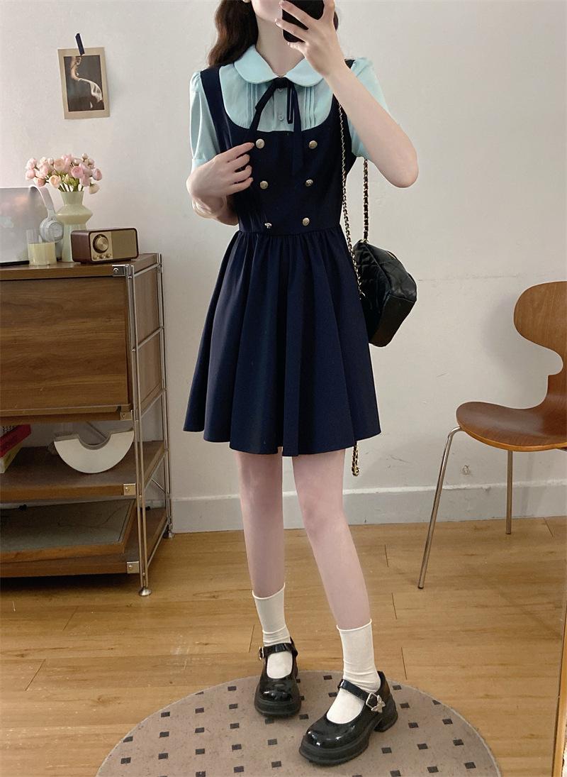 

Women s British College Style Color Block Faux Two-Piece Dress, Plus Size, Waist-Cinching Mid-Length Skirt for Summer 3XL