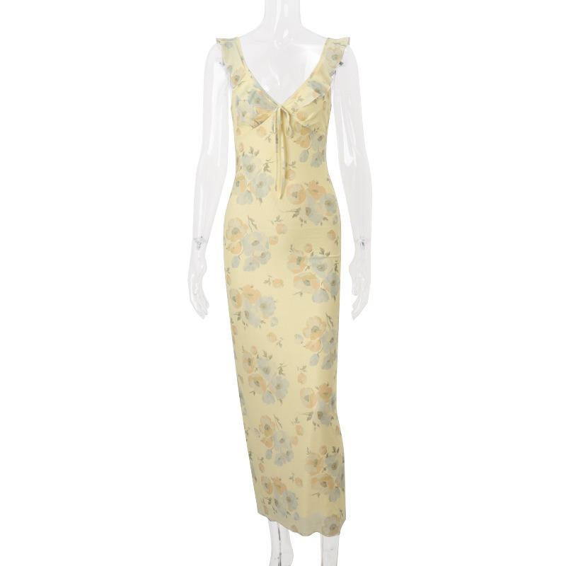 Abito Sospensorio Floreale Sexy alla Moda Scollo a V Basso Elegante Stile Vacanza Donna Pizzo Stringato Retro Slim Casual Abiti Lunghi da Festa Abbigliamento Femminile