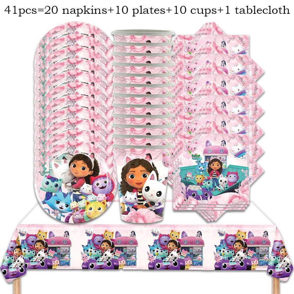 Pink Gabby House Birthday Party Decoration Banner Balloons Gabby Paper Cake Topper Plate Napkins Girl Party Decorations Supplies