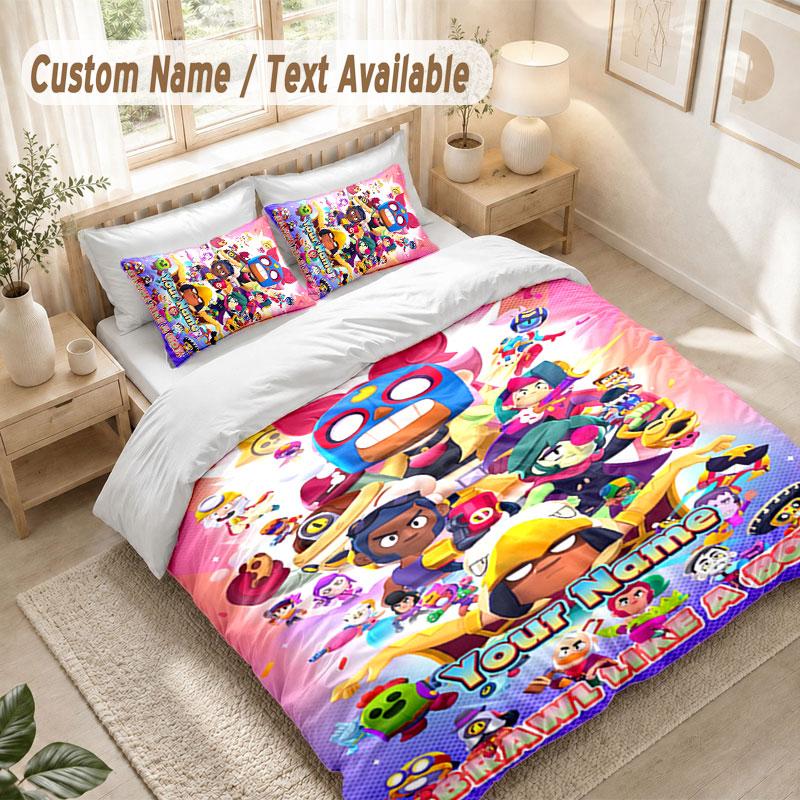 Custom Name Bedding Set 3 PiecesBrawl Stars Print Duvet Cover + 2 Pillowcases Soft Bed Decor