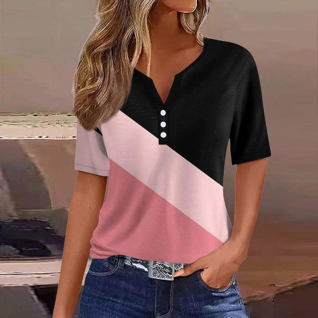 Women Casual Vintage Patchwork Print V Neck Short Sleeve T Shirt Top with Decorative Buttons Lightweight Soft Fabric