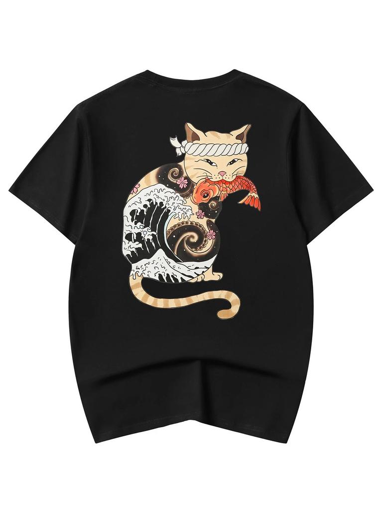 T-shirt Grafica Niepce Cat koi Streetwear Giapponese Maniche Corte