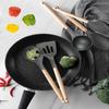 Silicone Kitchen Cooking Utensils Set, 5 Pcs Non-Stick Heat Resistant Wooden Handle (Grey, 5)