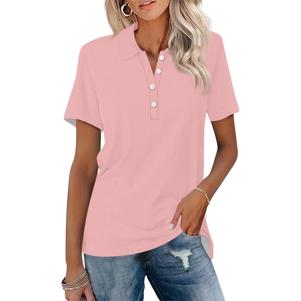 Women's Fashion Lapel Short Sleeve Solid Color Printed Button Top