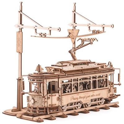 3D Wooden Puzzle Gear Drive Tram Mechanical Building Kit DIY Craft Toy Gifts Classic City Tram for Children Teens Adults