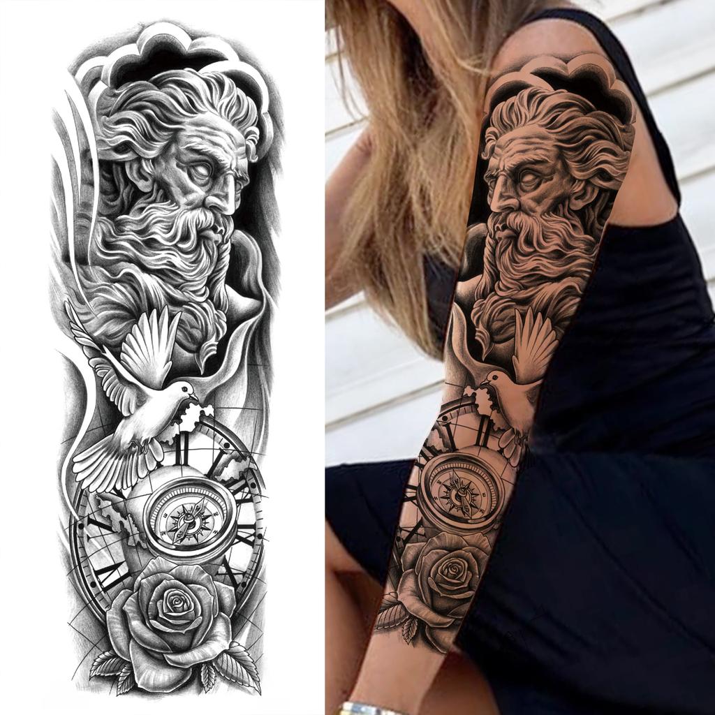 1 Sheet Long Sleeve Temporary Tattoos For Men Women Flower Skull Lion Wolf Tiger Nun Fox Compass Tattoo Sticker Body Art Arm Leg