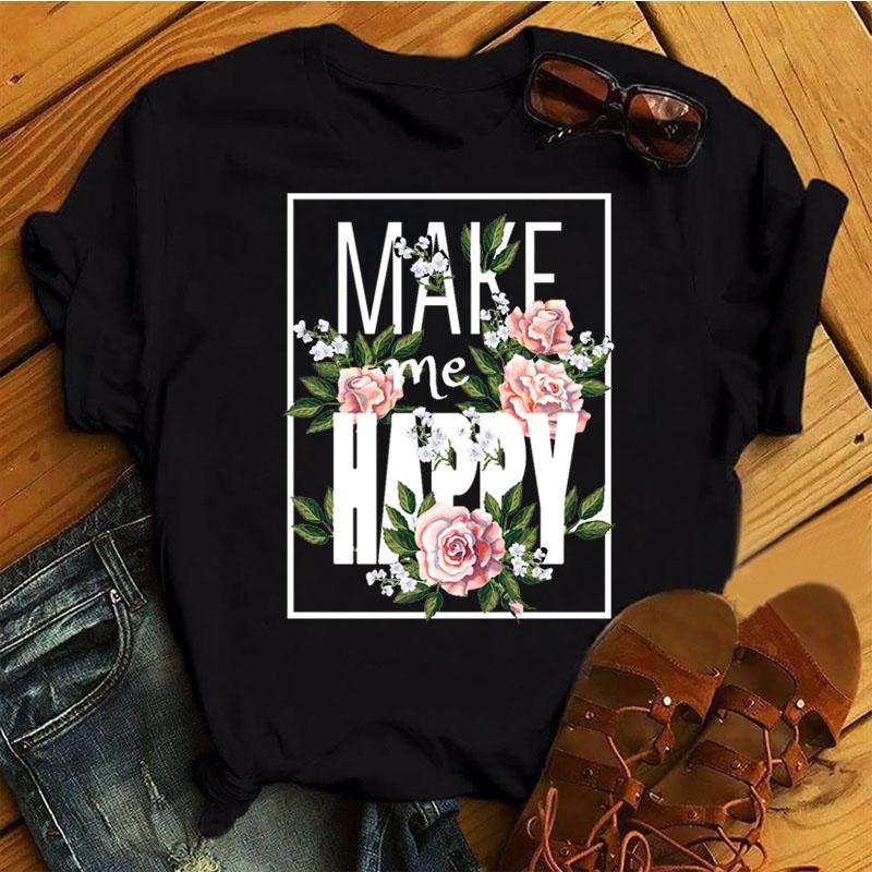 Fashion Women T Shirt Flower Printed T Shirt Casual Black Tops 90s Ladies Girl Tee Shirt Female Harajuku Graphic T -Shirt