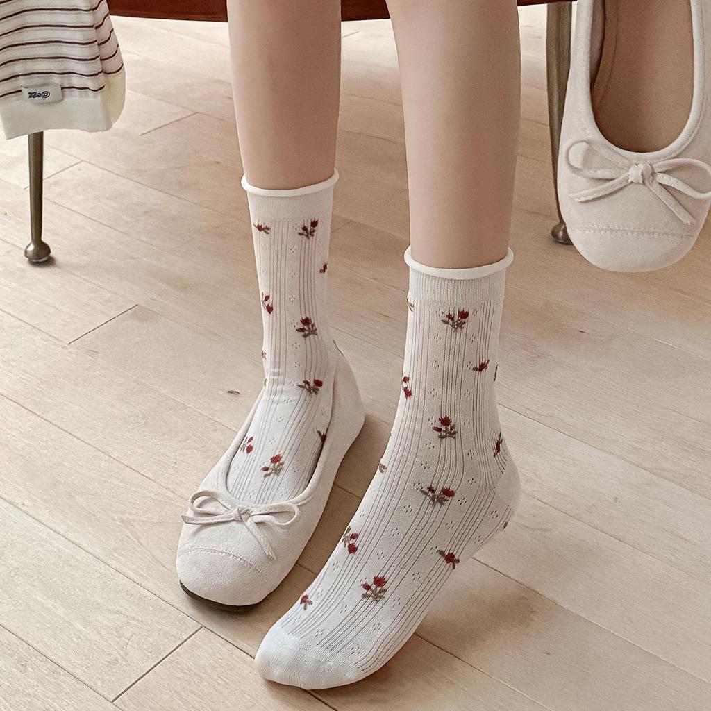 2026 New Mesh Floral Lace Women's Thin Striped Long Socks - Spring & Summer Korean Style
