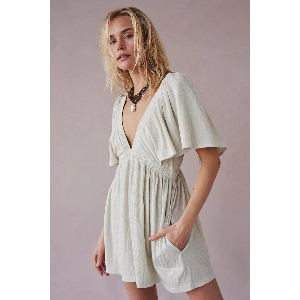 Summer Women's V-neck Low-cut Sexy Backless Short-sleeved Solid Colour Loose Casual Jumpsuit