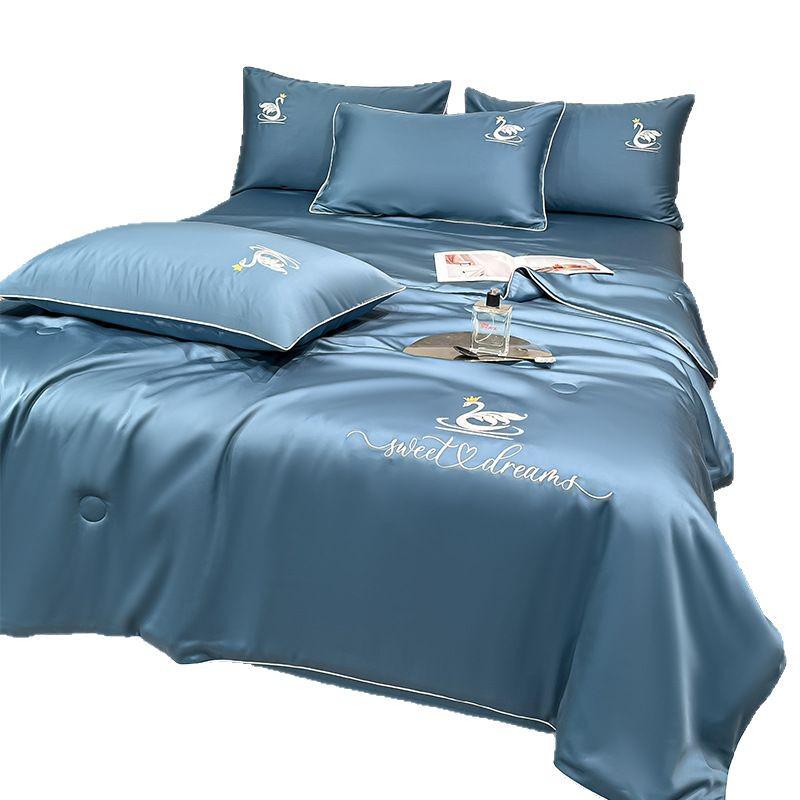 Embroidery Ice Silk Summer Quilt Set, Machine Washable, Luxury Bedding, Solid Color, Home Gift