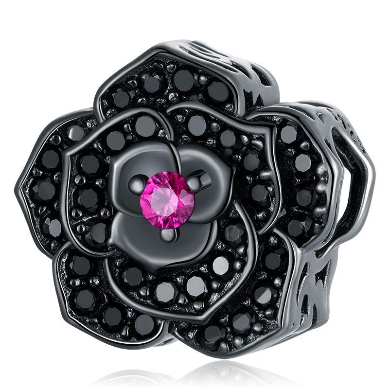 WOSTU 925 Silver Vintage Gothic Black Rose Flower Heart Beads, Retro Pearl Pendant Rainbow Charms Fit DIY Jewelry Make