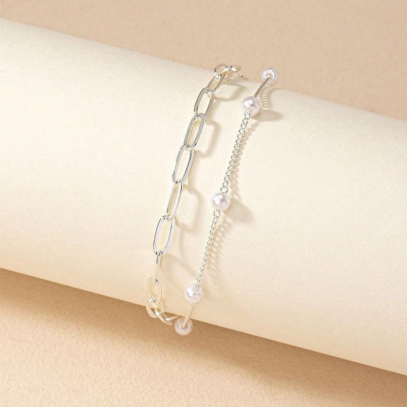Hot-selling 4mm imitation pearl chain metal square bracelet 2-piece set women's double-layer simple hand jewelry