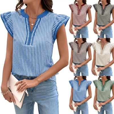 Ladies' Casual And Fashionable Blocked V-neck Striped Flying Sleeve Shirt Top