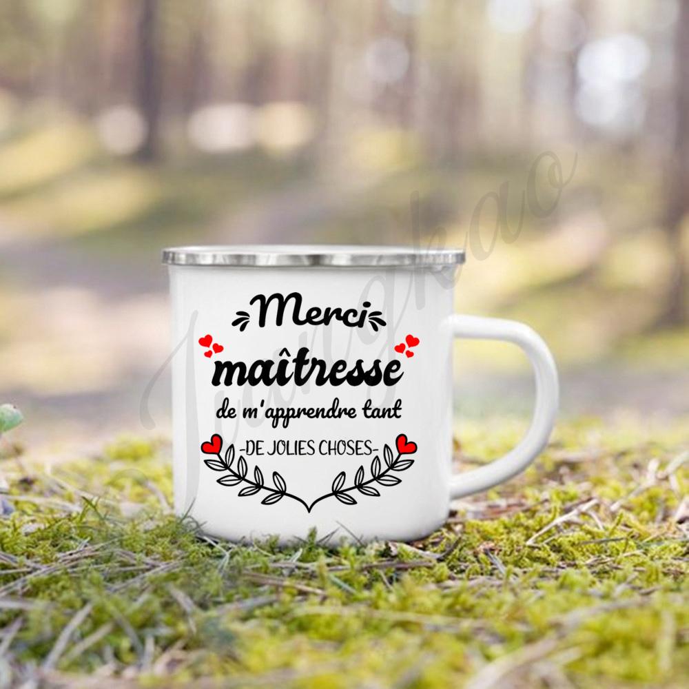 Merci Maitresse French Printed Mug Creative Coffee Cup Drinks Enamel Cup Handle Drinkware Teacher's Day Thanks Gift for Teacher