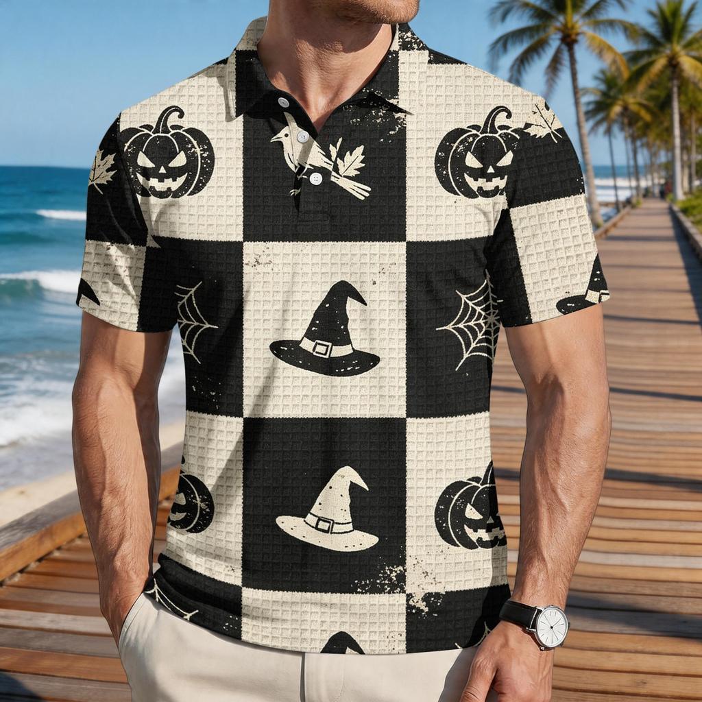 Men Halloween Print Casual Short Sleeve Shirt with Pumpkin Bat and Leaf Patterns Lightweight Button Down Top