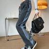 Harajuku Women's Patchwork Straight Leg Jenas with Print Korean Streetwear Hiphop High Waisted Denim Trouser Y2k Style of 90s