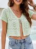 Women Crop Cardigan V Neck Short Sleeves Hollow Out Scalloped Knitted Short Casual Tops