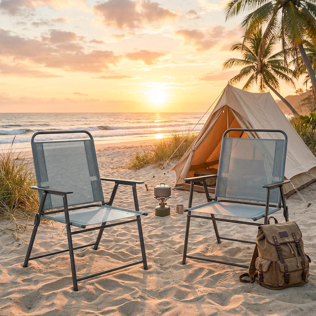 Folding Garden Chairs, Set of 2 Camping Chairs with Mesh Seat, Grey