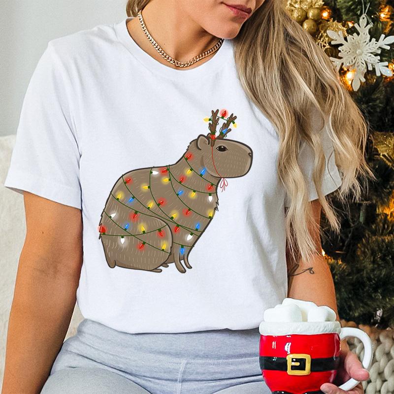 Womens Christmas Tshirt Funny Capybaras Lights Design Festive Crew Neck Girls Clothing Merry Christmas Capybara Cartoon Tshirt