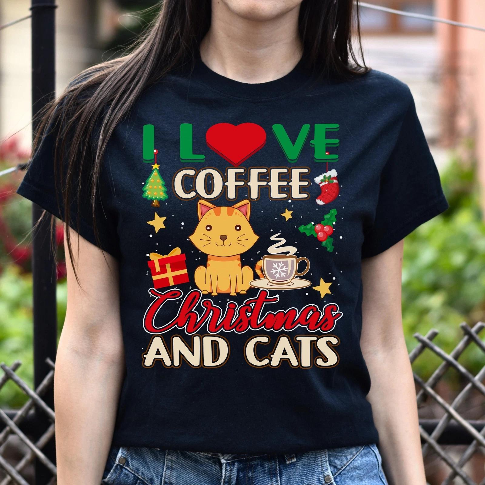 Coffee Christmas and Cats Unisex shirt cat Holiday tee Black Dark Heather L