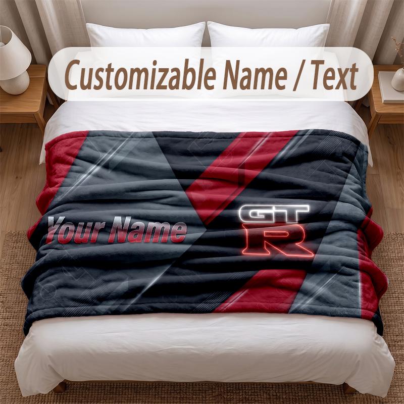 Nissan GT-R Printed Flannel Blanket Custom Name Text Soft Warm Throw For Bedroom Holiday Gift