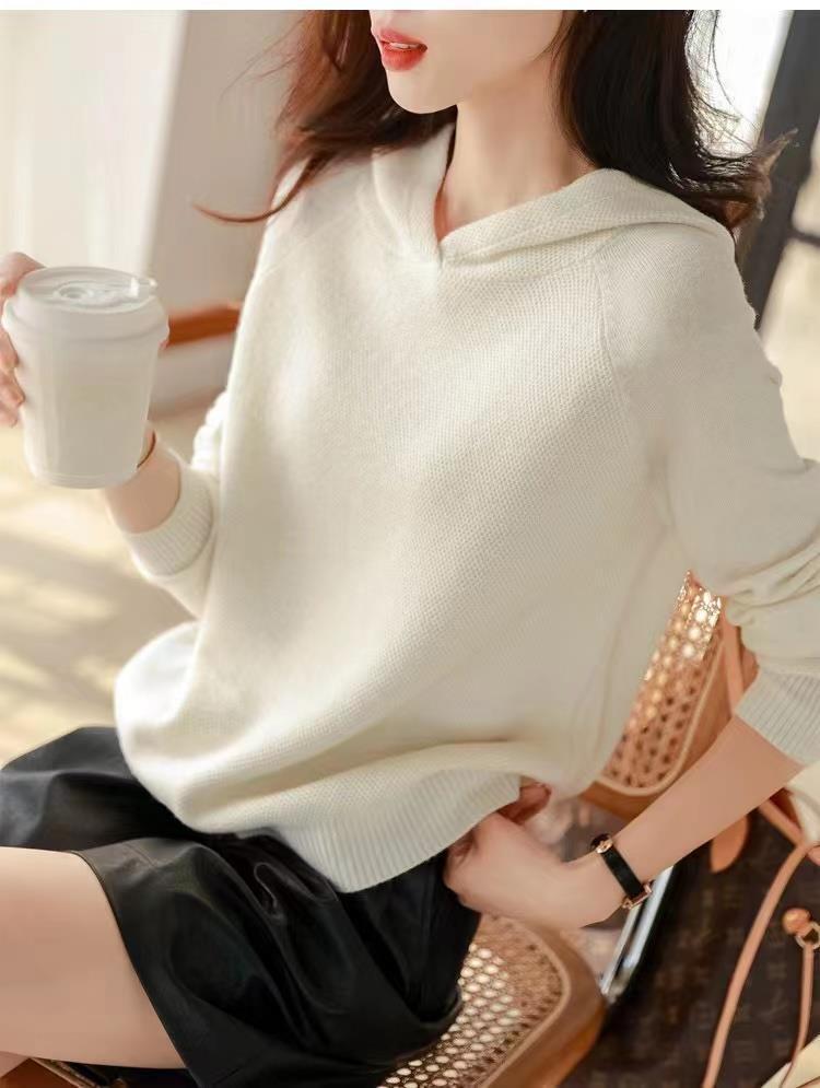 Women's Loose Fit Cashmere Hoodie - Spring/Autumn Korean Style Wool Knit Sweater