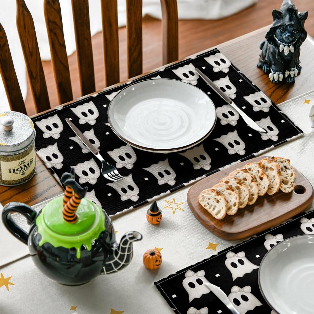 Black Stripes Ghost Boo Spooky Halloween Placemats Set of 4, 12x18 Inch Seasonal Vintage Table Mats for Party Kitchen Dining