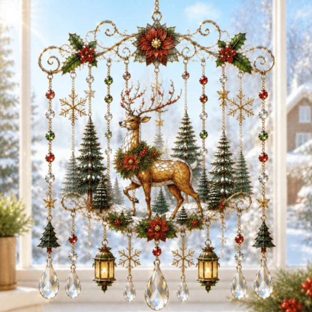Hanging Design Christmas Suncatcher Acrylic Santa Sleigh Ornament Holiday Wind Chime Xmas Gift