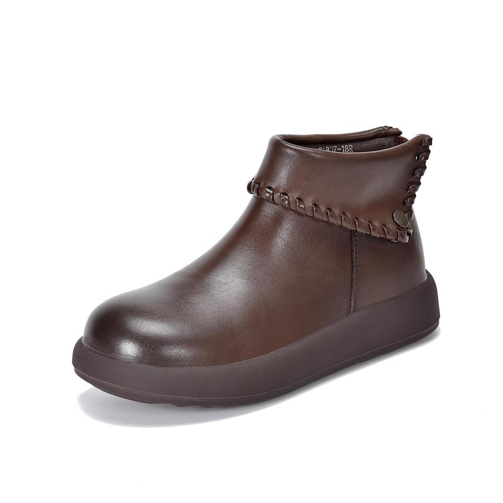 Johnature Turned-over Edge Plush Warm Cotton Shoes Genuine Leather Anti Slip Women's Ankle Boots