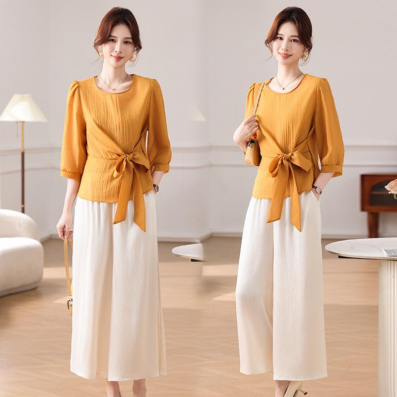 

2026 Spring/Summer Elegant Two-Piece Suit for Middle-Aged & Elderly Women - New Chinese Style Fashion with Lace-Up Design XL (95-105 Jin)