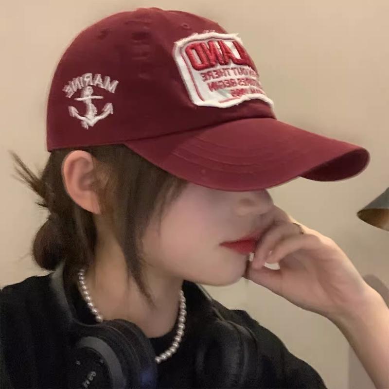 Vintage Red Baseball Cap for Women - Deep Crown Wide Brim Letter Embroidery Face Slimming Adjustable Snapback Hat for Big Head
