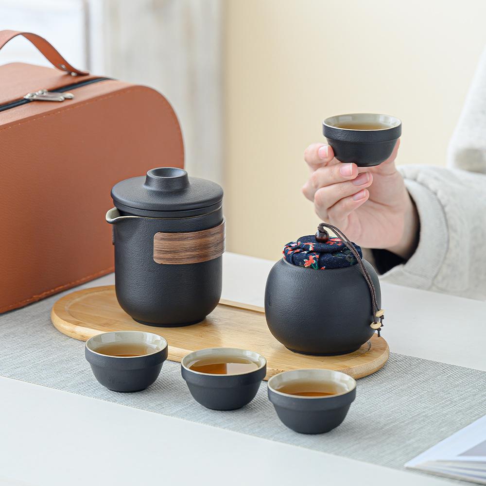Classic black pottery travel tea set Car express cup Portable Kung Fu tea set Camping Outdoor tea making festival