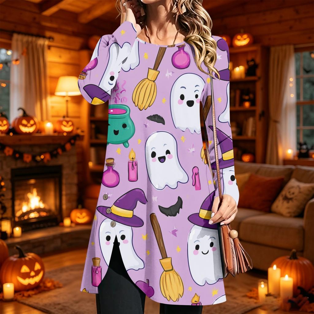 Damen Casual Bedrucktes Langarm Rundhals Kleid für den täglichen Gebrauch