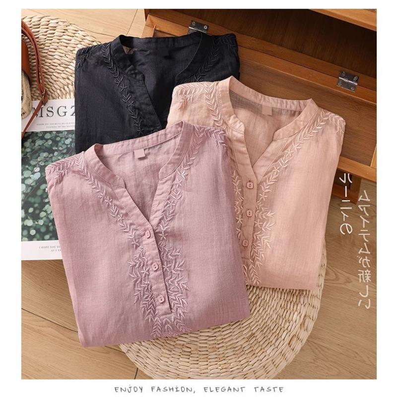 Women S Loose Cotton Embroidered Five Quarter Sleeve Summer Shirt For Middle Aged Moms