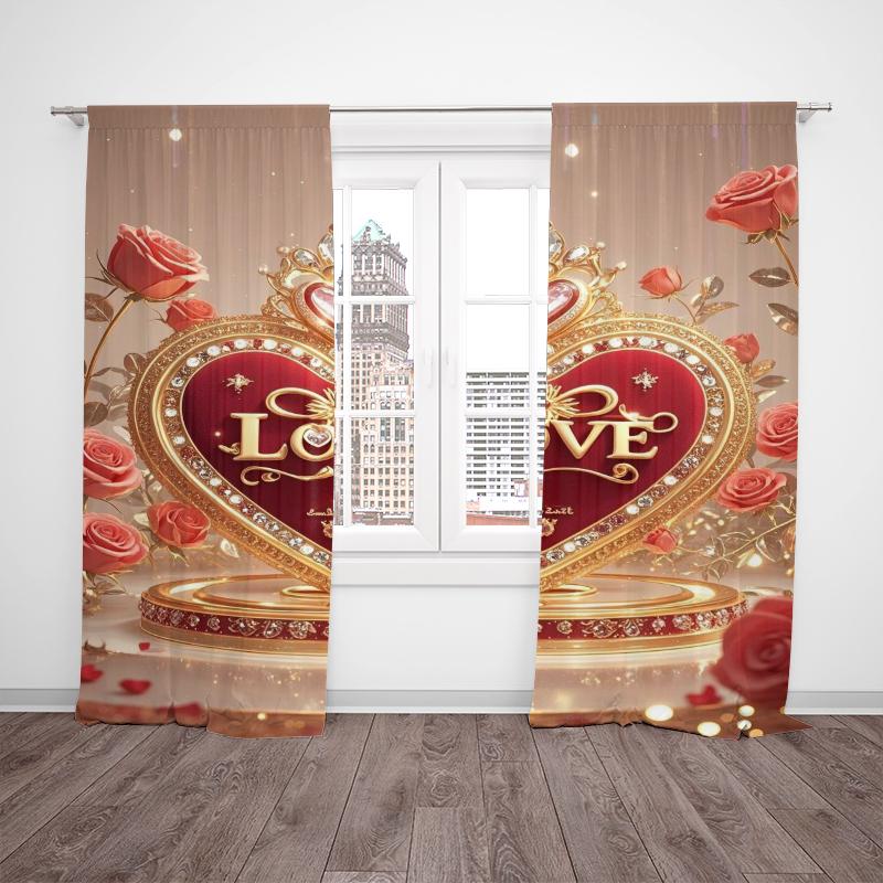 2pcs- Valentine's Day LOVE- Printed curtain 100% polyester material, suitable for home decoration (excluding poles)