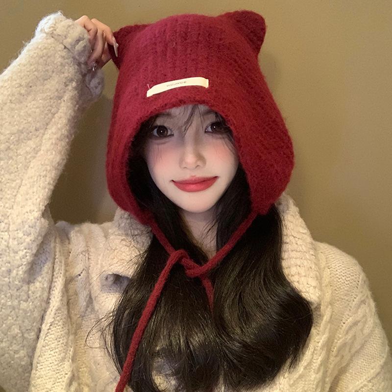 

Imitation cashmere knitted cute cat ears loli hat winter outdoor warm ear protection northern wind and snow hat M（56-58cm） червоний